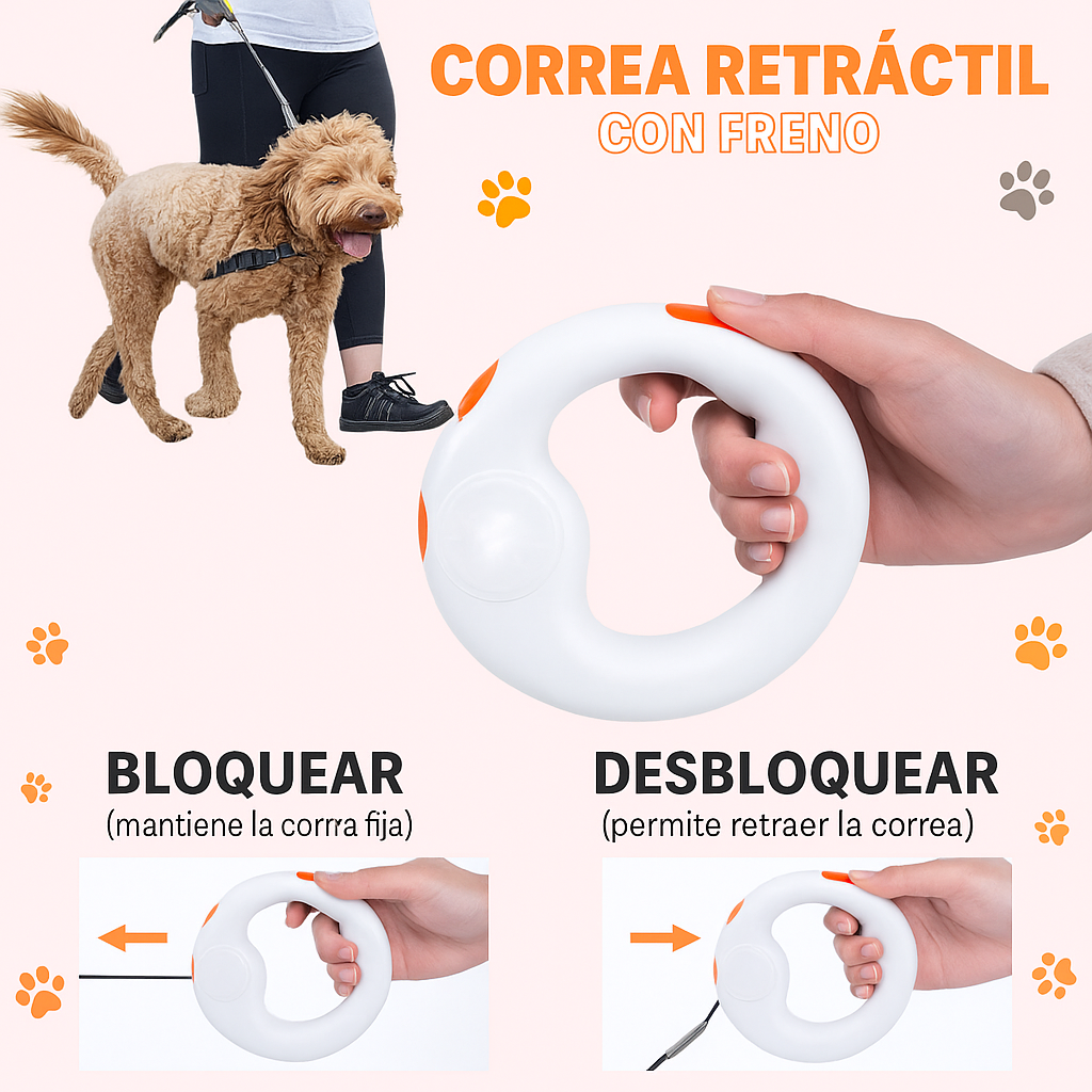 Correa Retráctil Mascotas Con Freno